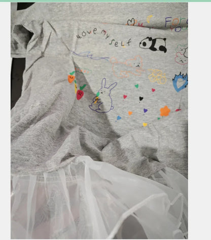 -キッズワンピース 半袖Tシャツワンピース チュチュチュールフリル お絵描きプリント グレー【mh0006109】 - mamahalo shop - 半袖ワンピース -  べビー服 - 子供服 - 男の子 - 女の子