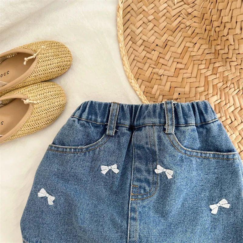 -キッズスカート デニム タイトスカート ショートパンツ リボン刺繍 パンツインスカート - mamahalo shop - スカート -  べビー服 - 子供服 - 男の子 - 女の子