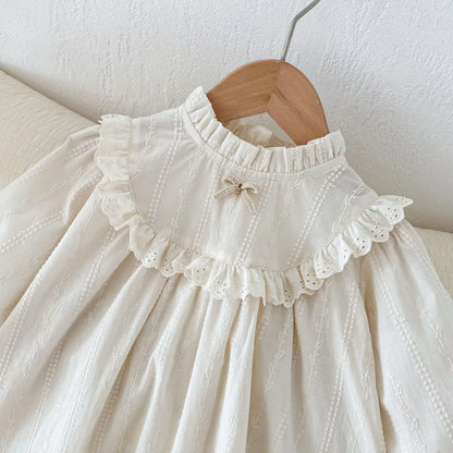 -ベビーキッズワンピース スタンドフリルカラーリボンワンポイント長袖ワンピース ベージュ - mamahalo shop - 長袖ワンピース -  べビー服 - 子供服 - 男の子 - 女の子