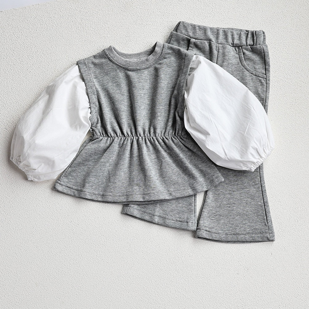 -キッズ セットアップ 長袖 パッチワーク チュニック ブラウス フレア ロングパンツ ブラック グレー ガールズ - mamahalo shop - 長袖セットアップ -  べビー服 - 子供服 - 男の子 - 女の子