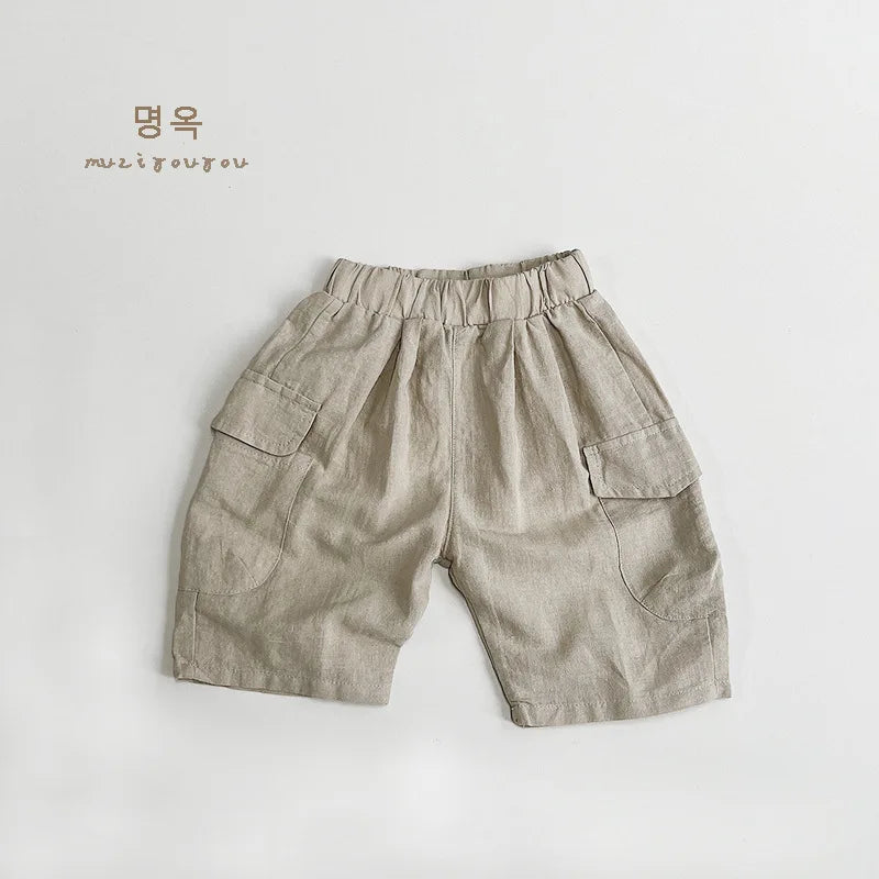 -キッズパンツ コットンリネン カーゴハーフパンツ 3カラー - mamahalo shop - ハーフパンツ・ショートパンツ -  べビー服 - 子供服 - 男の子 - 女の子