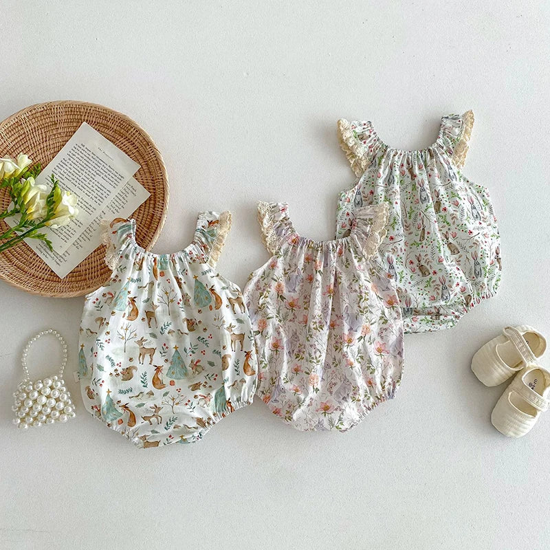 -ベビーロンパース ノースリーブフリルボディスーツ バンビ鹿フラワー花柄プリント【mh0004956】 - mamahalo shop - ノースリーブロンパース -  べビー服 - 子供服 - 男の子 - 女の子