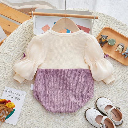 -ベビー 長袖ロンパース サスペンダーパンツドッキング リボン パープル ガールズ 女の子 子供服 - mamahalo shop - 長袖ロンパース -  べビー服 - 子供服 - 男の子 - 女の子