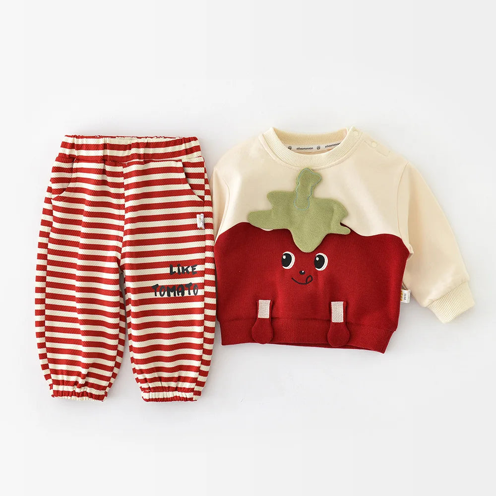-ベビーセットアップ 2点セット トマト長袖スウェットシャツ+ボーダーロングパンツ コスチューム【mh0007078】 - mamahalo shop - 長袖セットアップ -  べビー服 - 子供服 - 男の子 - 女の子