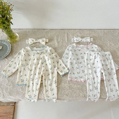 -ベビーセットアップ 3点セット 長袖パジャマセット 長袖トップス+ロングパンツ+ヘアバンド フラワー小花柄プリント 2カラー【mh0006468】 - mamahalo shop - 長袖パジャマ -  べビー服 - 子供服 - 男の子 - 女の子