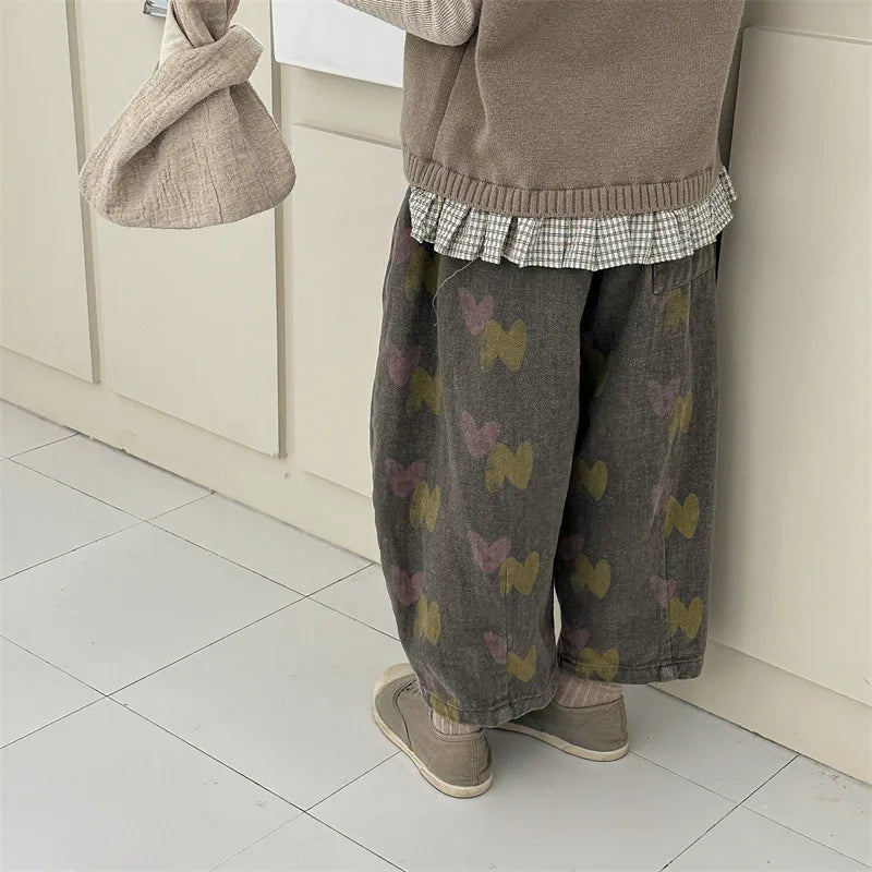 -キッズパンツ ルーズワイドロングパンツ レトロフラワープリント 2カラー - mamahalo shop - ロングパンツ・スウェットパンツ -  べビー服 - 子供服 - 男の子 - 女の子