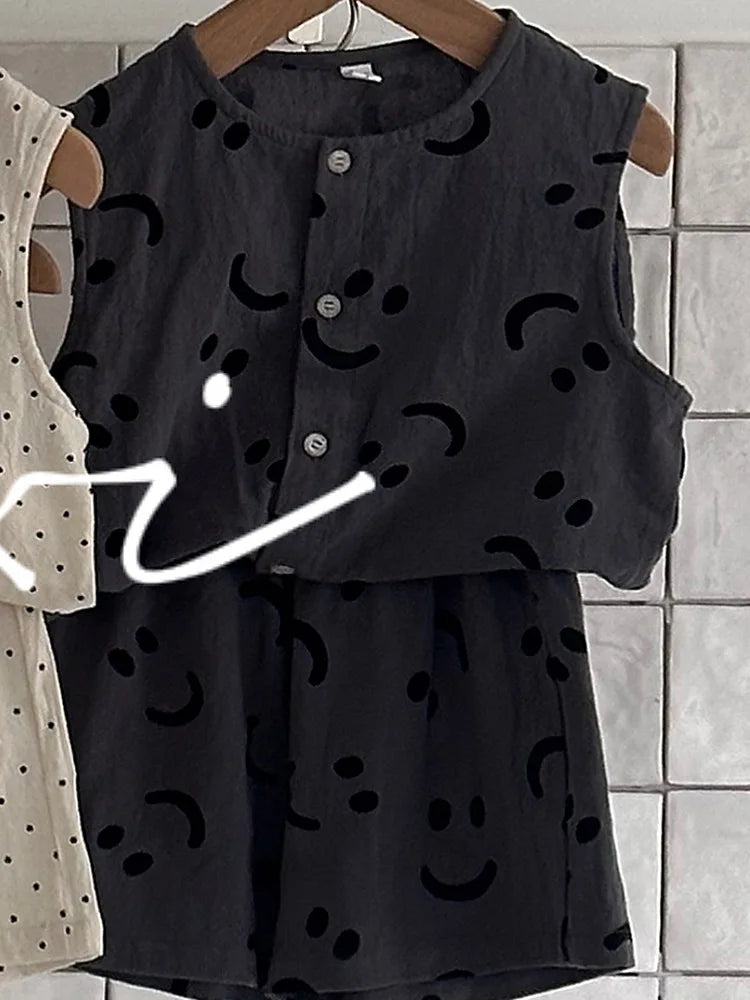 -キッズセットアップ 2点セット コットンリネン プリントノースリーブトップス+ショートパンツ 5柄 - mamahalo shop - ノースリーブセットアップ -  べビー服 - 子供服 - 男の子 - 女の子