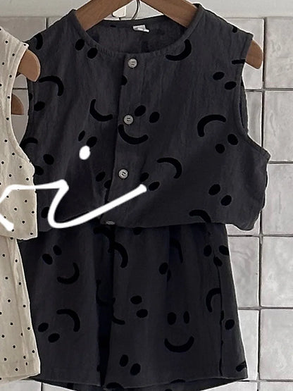 -キッズセットアップ 2点セット コットンリネン プリントノースリーブトップス+ショートパンツ 5柄 - mamahalo shop - ノースリーブセットアップ -  べビー服 - 子供服 - 男の子 - 女の子