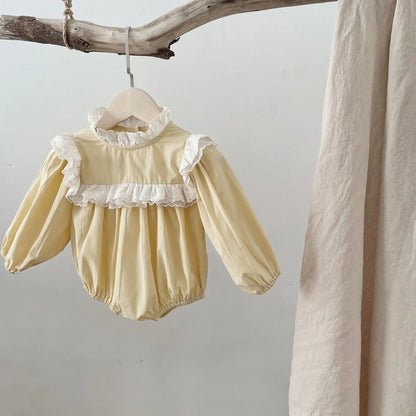 -ベビーロンパース 長袖パフスリーブボディスーツ レーススタンドカラー イエロー【mh0004668】 - mamahalo shop - 長袖ロンパース -  べビー服 - 子供服 - 男の子 - 女の子