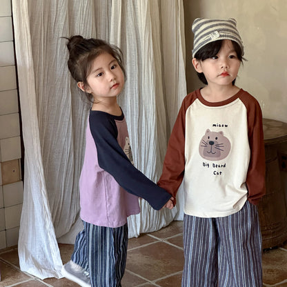 -キッズトップス 長袖ラグランパッチワーク猫キャットプリントTシャツ 2カラー - mamahalo shop - 長袖Tシャツ -  べビー服 - 子供服 - 男の子 - 女の子
