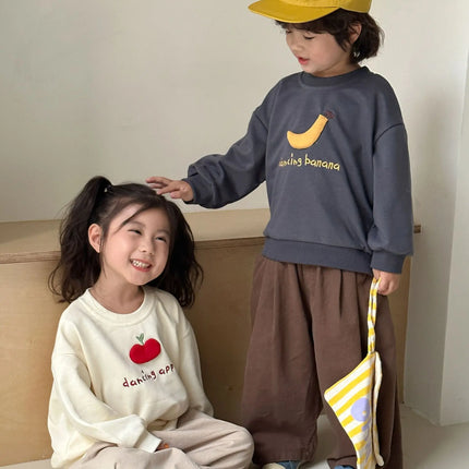 キッズトップス バナナ/りんごアップリケ長袖スウェットシャツ - mamahalo shop - 長袖Tシャツ -  べビー服 - 子供服 - 男の子 - 女の子