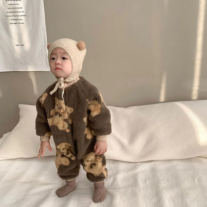 -ベビーアウタージャンプスーツ クマベアプリント ボアフリース長袖ロンパース 2カラー ユニセックス 男の子 女の子 子供服【mh0003332】 - mamahalo shop - アウタージャンプスーツ -  べビー服 - 子供服 - 男の子 - 女の子