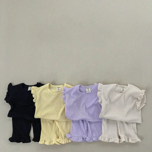 -キッズセットアップ 2点セット フリルスリーブTシャツ+裾フリルルーズロングパンツ 4カラー【mh0005388】 - mamahalo shop - 半袖セットアップ -  べビー服 - 子供服 - 男の子 - 女の子