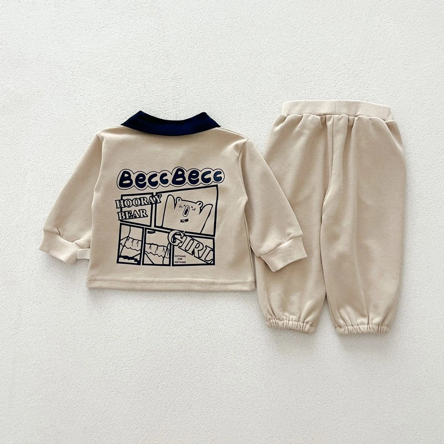 -ベビーキッズセットアップ 2点セット バックプリント長袖ポロシャツ+ロングパンツ 2カラーベビーキッズセットアップ 2点セット バックプリント長袖ポロシャツ+ロングパンツ 2カラー【mh0007225】 - mamahalo shop - 長袖セットアップ -  べビー服 - 子供服 - 男の子 - 女の子