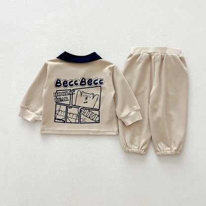 -ベビーキッズセットアップ 2点セット バックプリント長袖ポロシャツ+ロングパンツ 2カラーベビーキッズセットアップ 2点セット バックプリント長袖ポロシャツ+ロングパンツ 2カラー【mh0007225】 - mamahalo shop - 長袖セットアップ -  べビー服 - 子供服 - 男の子 - 女の子