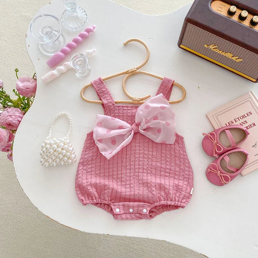 -ベビーロンパース キャミソールボディスーツ 水玉ドットリボン ピンク【mh0004896】 - mamahalo shop - ノースリーブロンパース -  べビー服 - 子供服 - 男の子 - 女の子