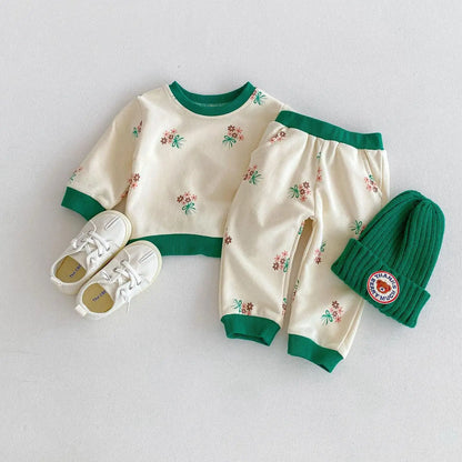 -ベビーキッズセットアップ 2点セット スウェットシャツ+ロングパンツ レトロバイピング フラワープリント - mamahalo shop - 長袖セットアップ -  べビー服 - 子供服 - 男の子 - 女の子