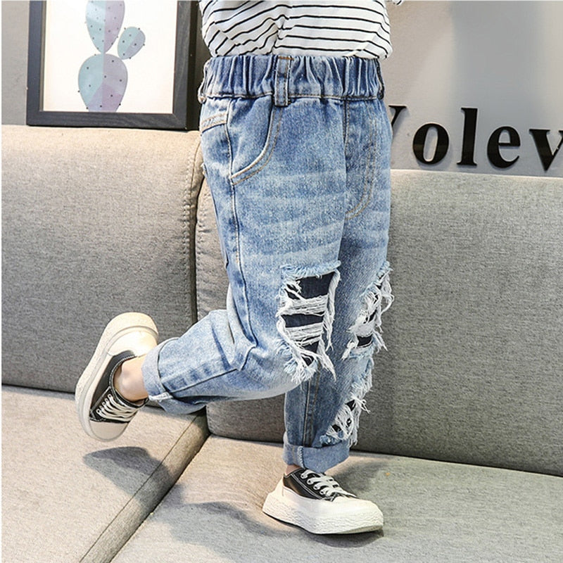 -キッズ ダメージ加工 デニム ルーズ パンツ ジーンズ ジーパン ボーイズ - mamahalo shop - デニムパンツ -  べビー服 - 子供服 - 男の子 - 女の子