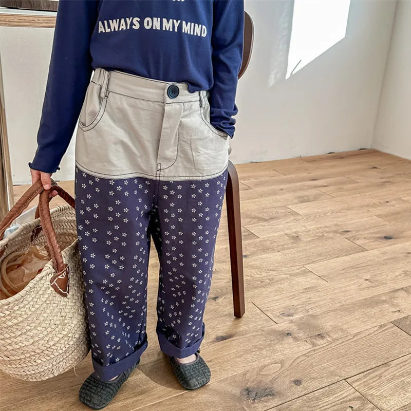 -キッズパンツ 切り替えパッチワーク ルーズワイドロングパンツ フラワー花柄プリント 2カラー - mamahalo shop - ロングパンツ・スウェットパンツ -  べビー服 - 子供服 - 男の子 - 女の子