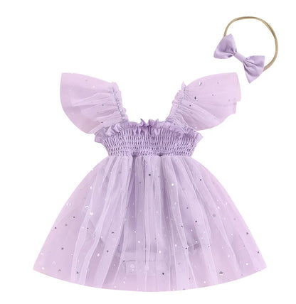 -ベビーロンパース チュチュ チュールスカート スパンコール ベビードレス リボンヘアバンドセット 3カラー - mamahalo shop - ノースリーブロンパース -  べビー服 - 子供服 - 男の子 - 女の子