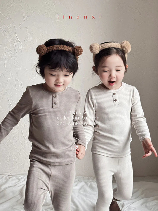 -キッズパジャマセット リブ 長袖ヘンリーネックTシャツ+ロングパンツ シンプルベーシック 5カラー【mh0006360】 - mamahalo shop - 長袖パジャマ -  べビー服 - 子供服 - 男の子 - 女の子