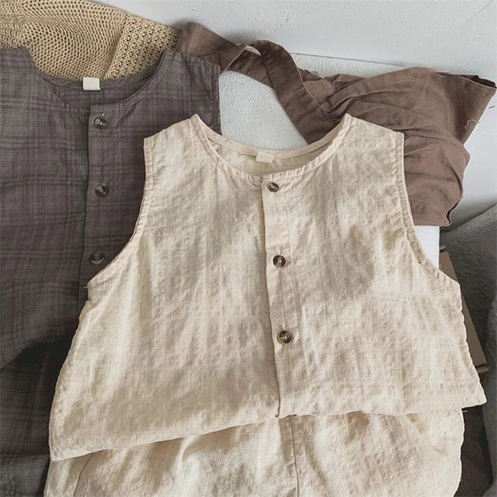 -キッズセットアップ 2点セット ノースリーブシャツブラウス＋ショートパンツ シンプルベーシック 無地/チェック 2カラー【mh0006032】 - mamahalo shop - ノースリーブセットアップ -  べビー服 - 子供服 - 男の子 - 女の子