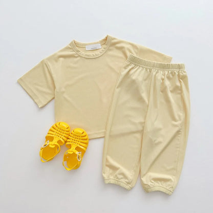 -キッズセットアップ 2点セット 半袖Tシャツ+ロングパンツ シンプルベーシック 無地 4カラー【mh0005570】 - mamahalo shop - 半袖セットアップ -  べビー服 - 子供服 - 男の子 - 女の子