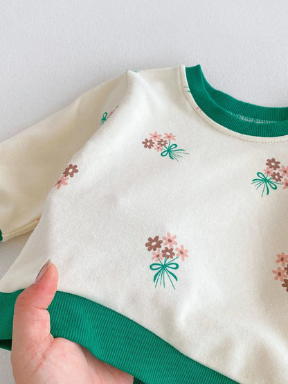 -ベビーキッズセットアップ 2点セット スウェットシャツ+ロングパンツ レトロバイピング フラワープリント - mamahalo shop - 長袖セットアップ -  べビー服 - 子供服 - 男の子 - 女の子