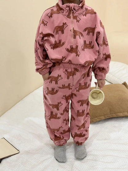 -キッズセットアップ 2点セット ハーフジップトップス ロングパンツ フリースセットアップ - mamahalo shop - 長袖セットアップ -  べビー服 - 子供服 - 男の子 - 女の子