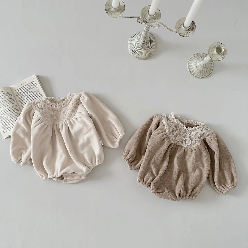 -ベビーロンパース フリース 刺繍レース 長袖ボディスーツ お出かけ 2カラー - mamahalo shop - 長袖ロンパース -  べビー服 - 子供服 - 男の子 - 女の子