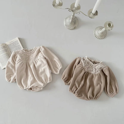 -ベビーロンパース フリース 刺繍レース 長袖ボディスーツ お出かけ 2カラー - mamahalo shop - 長袖ロンパース -  べビー服 - 子供服 - 男の子 - 女の子