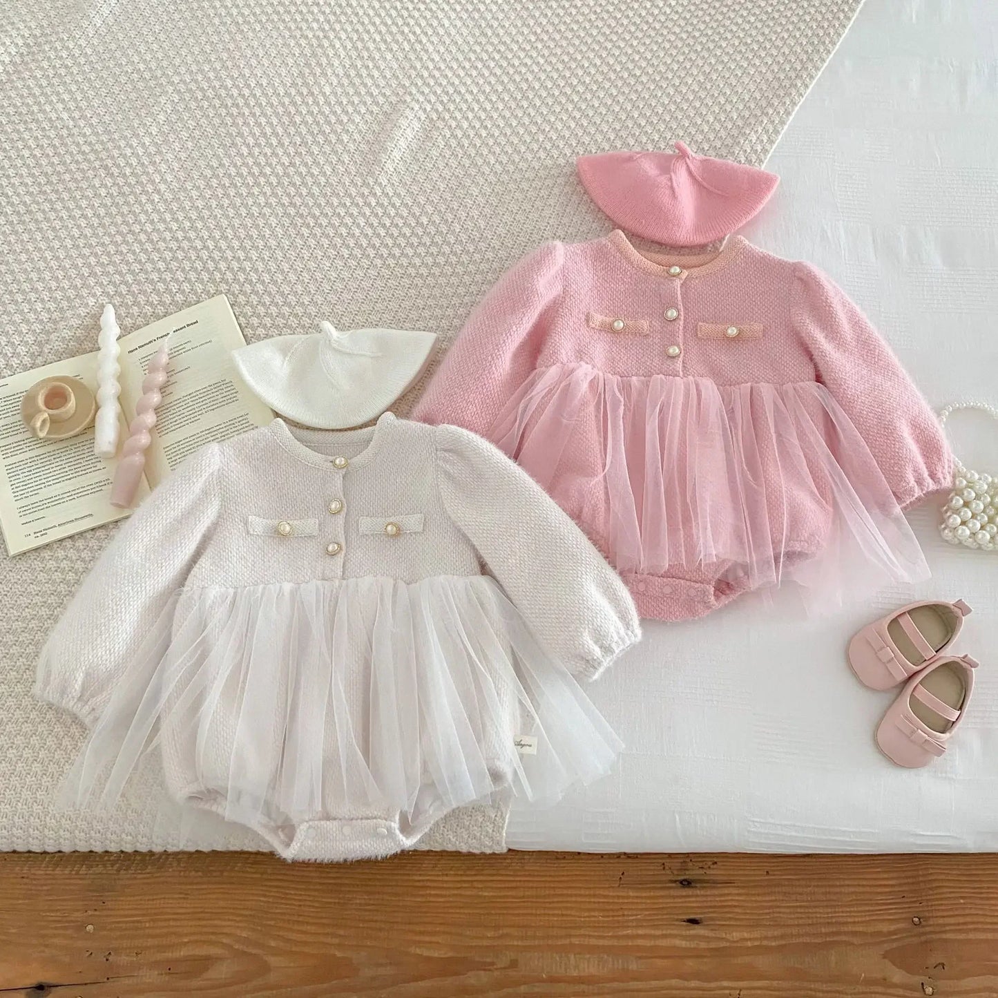 -ベビーロンパース パールボタンジャケット風チュチュスカートドッキング長袖ドレスボディスーツ 2カラー - mamahalo shop - 長袖ロンパース -  べビー服 - 子供服 - 男の子 - 女の子