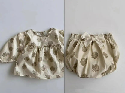 -ベビーセットアップ 2点セット ローズフラワープリント長袖チュニックブラウス+リボン付きブルマパンツ アプリコット【mh0006716】 - mamahalo shop - 長袖セットアップ -  べビー服 - 子供服 - 男の子 - 女の子