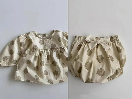 -ベビーセットアップ 2点セット ローズフラワープリント長袖チュニックブラウス+リボン付きブルマパンツ アプリコット【mh0006716】 - mamahalo shop - 長袖セットアップ -  べビー服 - 子供服 - 男の子 - 女の子