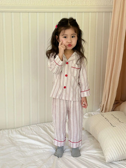 -キッズパジャマセット 長袖シャツ+ロングパンツ レトロストライプ 2カラー【mh0006433】 - mamahalo shop - 長袖パジャマ -  べビー服 - 子供服 - 男の子 - 女の子