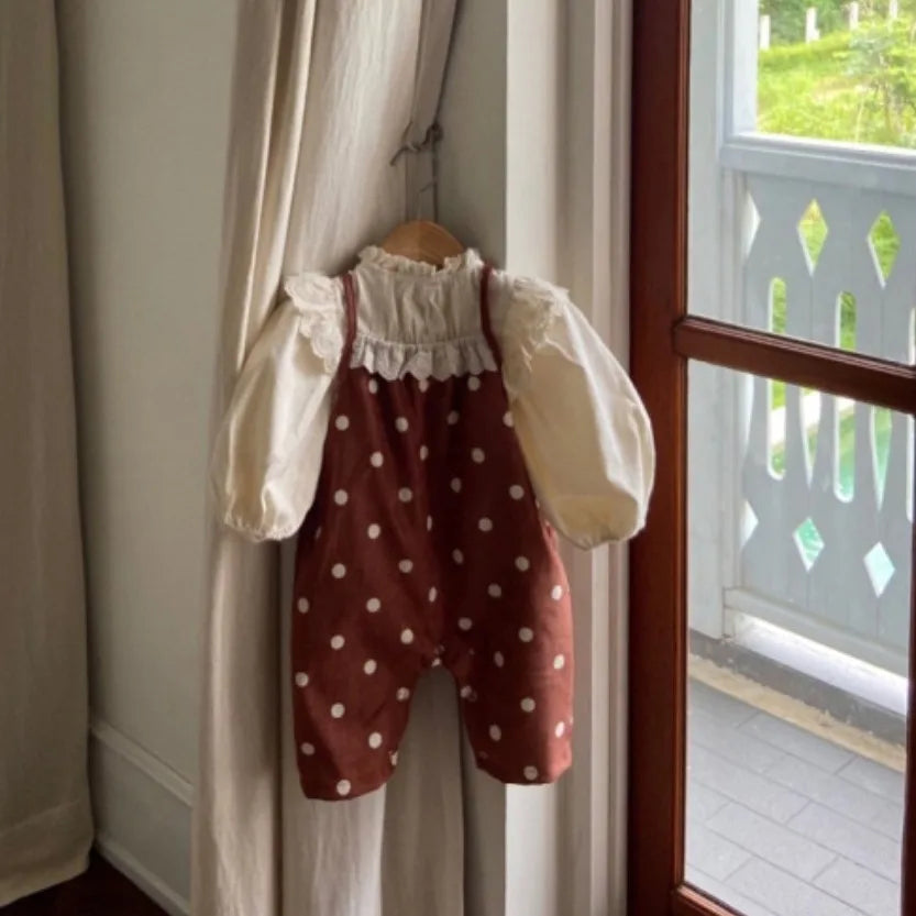 -ベビーサロペット キャミソールジャンプスーツ レースフリル ドット水玉プリント 2カラー - mamahalo shop - サロペットパンツ・サスペンダーパンツ -  べビー服 - 子供服 - 男の子 - 女の子