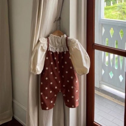 -ベビーサロペット キャミソールジャンプスーツ レースフリル ドット水玉プリント 2カラー - mamahalo shop - サロペットパンツ・サスペンダーパンツ -  べビー服 - 子供服 - 男の子 - 女の子