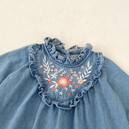 ☺︎ ベビーワンピース フラワー刺繍フリルデニム長袖ワンピース - mamahalo shop - 長袖ワンピース -  べビー服 - 子供服 - 男の子 - 女の子