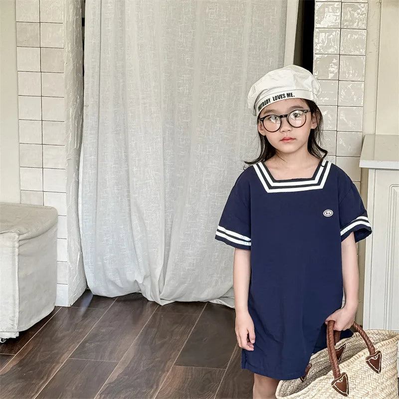 -キッズワンピース 半袖スクエアネックミニワンピース マリンスタイル 2カラー【mh0005444】 - mamahalo shop - 半袖ワンピース -  べビー服 - 子供服 - 男の子 - 女の子