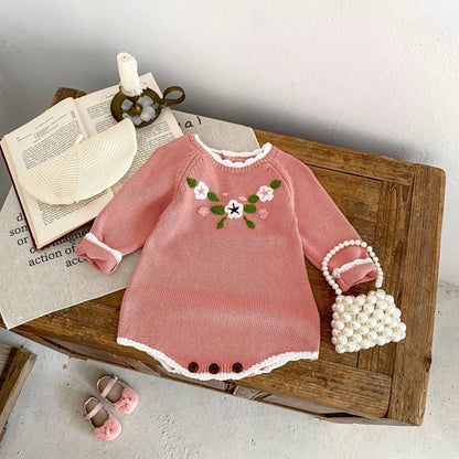 -ベビーロンパース ニット 長袖ボディスーツ フラワー花柄刺繍 ピンク【mh0006565】 - mamahalo shop - 長袖ロンパース -  べビー服 - 子供服 - 男の子 - 女の子