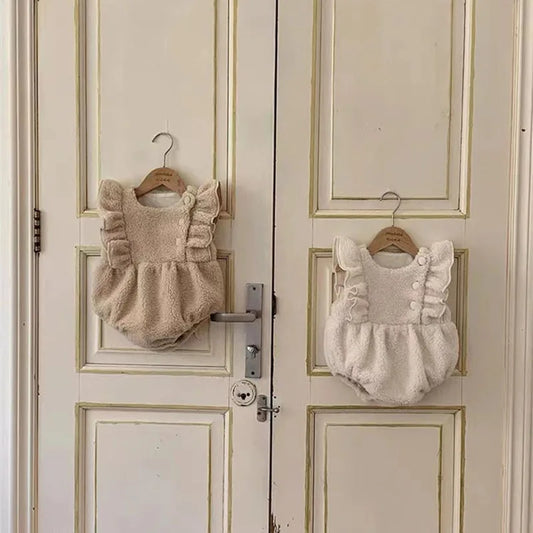 -ベビーロンパース ノースリーブロンパース フリース フリルショルダー 2カラー - mamahalo shop - ノースリーブロンパース -  べビー服 - 子供服 - 男の子 - 女の子