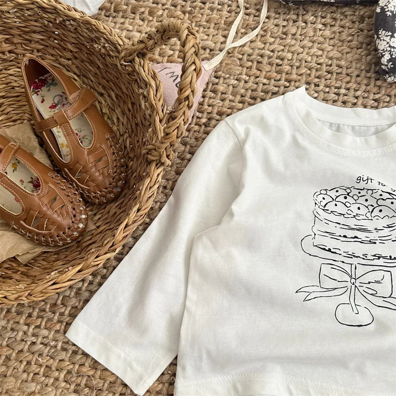 -キッズトップス ケーキスタンドプリント裾レース長袖Tシャツ ホワイト - mamahalo shop - 長袖Tシャツ -  べビー服 - 子供服 - 男の子 - 女の子