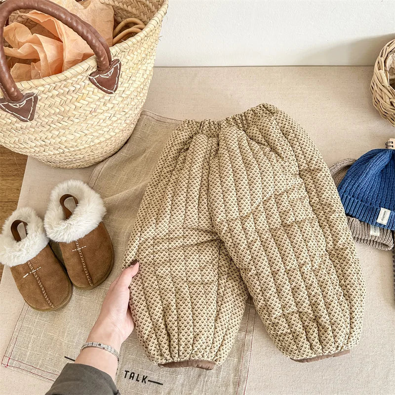 -キッズパンツ キルティング裏ボアフリースパンツ 暖パン 幾何学フラワープリント 2カラー ユニセックス 男の子 女の子 子供服 - mamahalo shop - ロングパンツ・スウェットパンツ -  べビー服 - 子供服 - 男の子 - 女の子