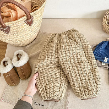 -キッズパンツ キルティング裏ボアフリースパンツ 暖パン 幾何学フラワープリント 2カラー ユニセックス 男の子 女の子 子供服 - mamahalo shop - ロングパンツ・スウェットパンツ -  べビー服 - 子供服 - 男の子 - 女の子