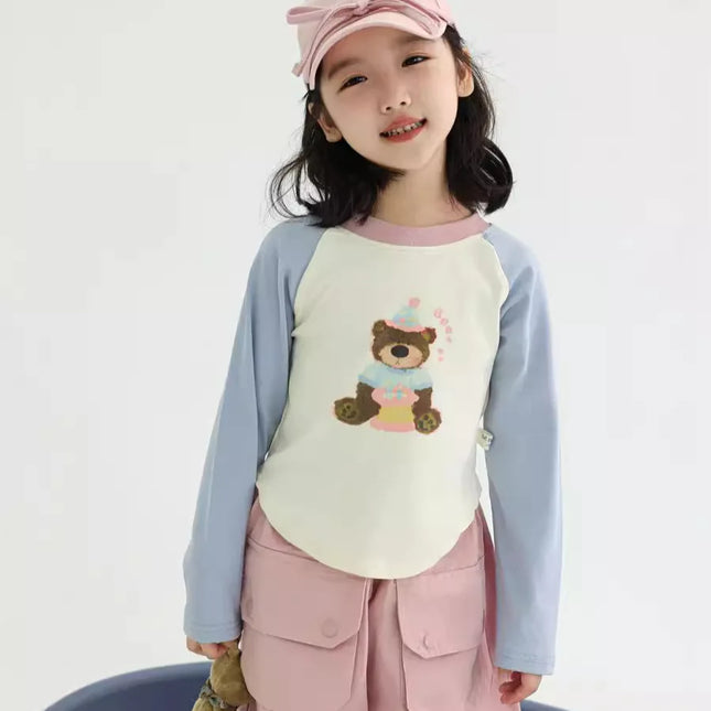 キッズトップス ベアくまプリントラグランパッチワーク長袖Tシャツ 2カラー - mamahalo shop - 長袖Tシャツ -  べビー服 - 子供服 - 男の子 - 女の子