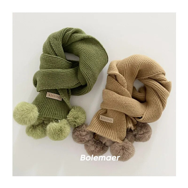 -キッズマフラー スカーフ ニット ぽんぽん付き ネックウォーマー 9カラー ガールズ 女の子 子供服 - mamahalo shop - ネックウォーマー -  べビー服 - 子供服 - 男の子 - 女の子