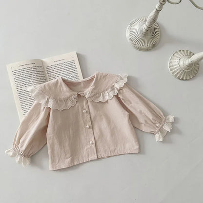 -ベビートップス 長袖ブラウス レースフリル 長袖シャツ ベージュ/グリーン/2カラー - mamahalo shop - 長袖シャツ・ブラウス -  べビー服 - 子供服 - 男の子 - 女の子