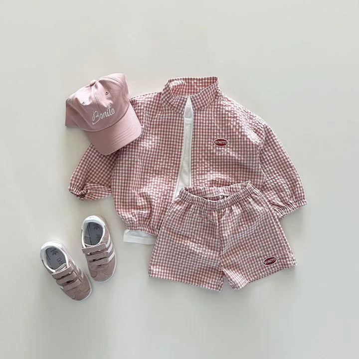 -キッズセットアップ 2点セット チェック ジッパージャケット+ショートパンツ ウィンドブレーカー 日除け ワンポイント 3カラー - mamahalo shop - 長袖セットアップ -  べビー服 - 子供服 - 男の子 - 女の子