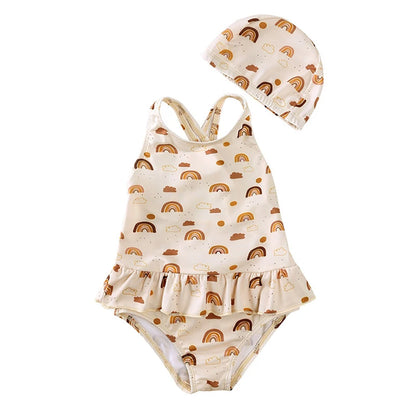 -キッズ水着 帽子セット ノースリーブワンピース ラッシュガード 虹レインボー 水玉ドット ストライプ トロピカル スイムウェア【mh0005125】 - mamahalo shop - ベビー用水着 -  べビー服 - 子供服 - 男の子 - 女の子