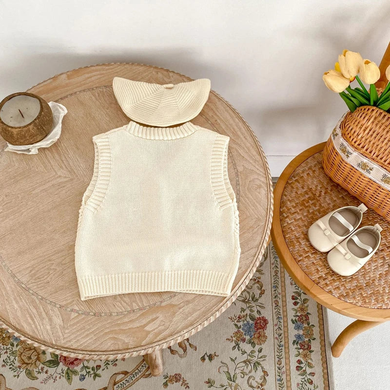 -ベビーベスト フラワー刺繍レースニット前あきベスト ベージュ【mh0006987】 - mamahalo shop - ベスト -  べビー服 - 子供服 - 男の子 - 女の子